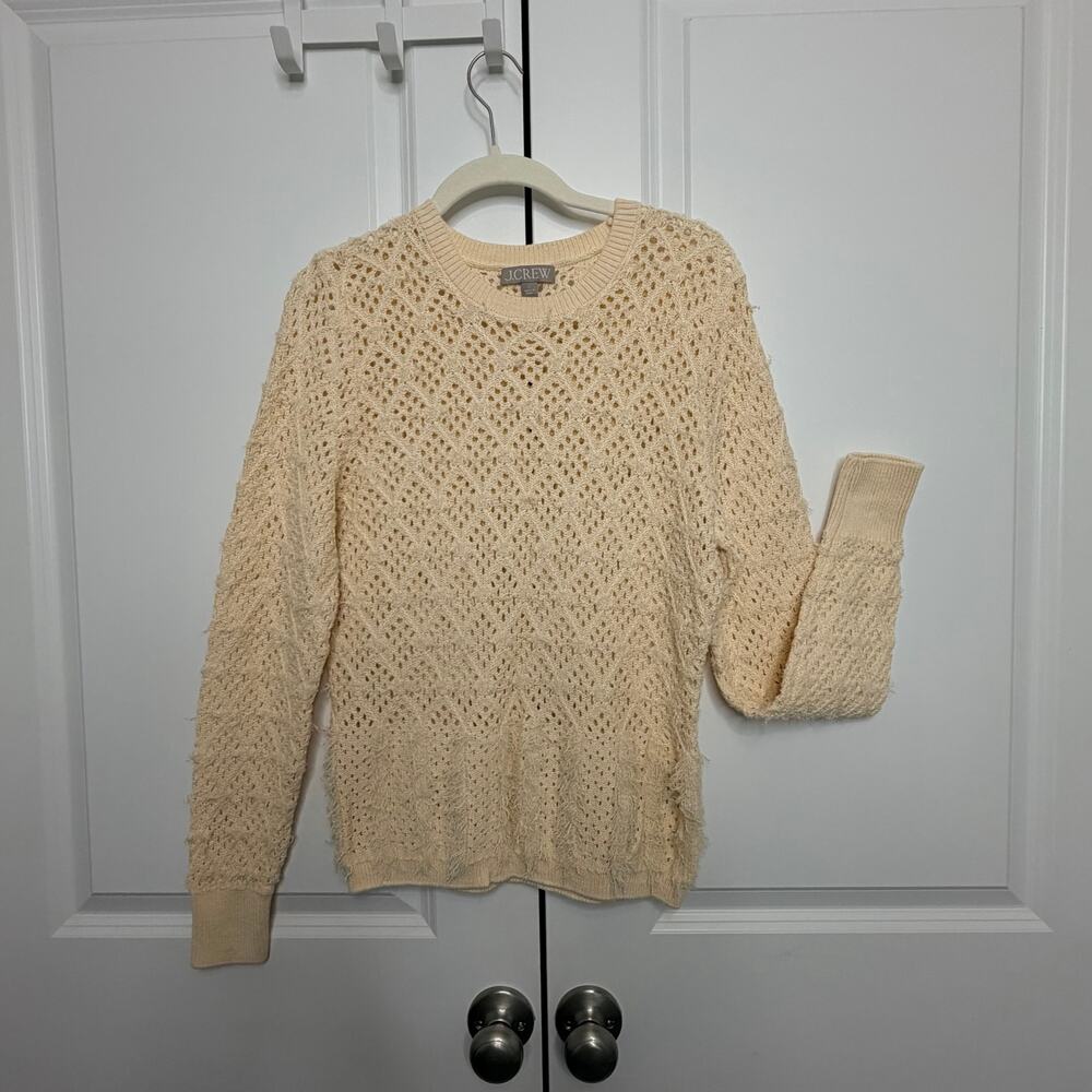 J.Crew Cream Open Knit Fringe Sweater Large Boho Coastal
